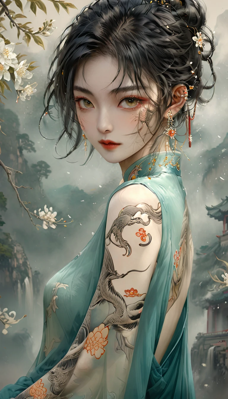 Chinese Beauty, Charming temperament, floating long dress, Clear face, beautiful eyes, Around osmanthus flowers, A masterpiece of perfect body structure proportions, Very detailed, Epic creation, Color Tattoo Art, Neo-Traditional Tattoo Art, SD tattoo design, Color Tattoo Art, mystery、enthusiasm、Friendly atmosphere, Surrealism, Ultra HD, high quality, best quality, 32K --v 6