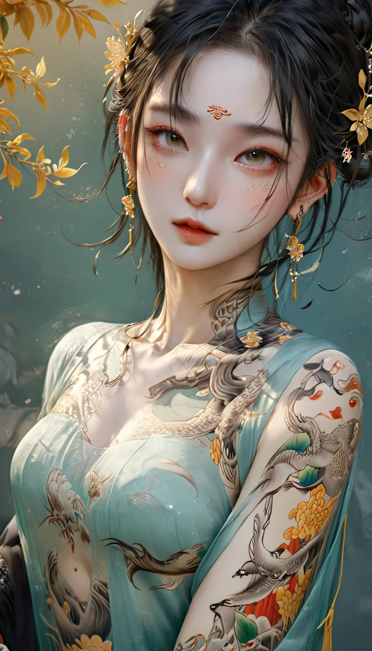 Chinese Beauty, Charming temperament, floating long dress, Clear face, beautiful eyes, Around osmanthus flowers, A masterpiece of perfect body structure proportions, Very detailed, Epic creation, Color Tattoo Art, Neo-Traditional Tattoo Art, SD tattoo design, Color Tattoo Art, mystery、enthusiasm、Friendly atmosphere, Surrealism, Ultra HD, high quality, best quality, 32K --v 6