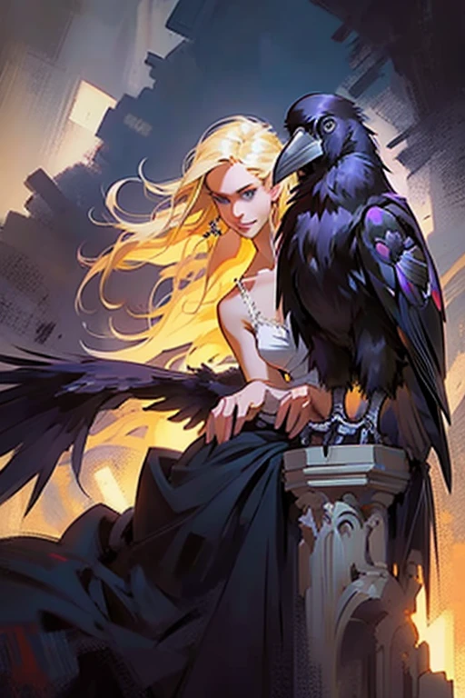 ((playing with a raven:1.4)).(feminine:1.4),(rule of thirds:1.4), ((ultra realistic illustration:1.3)),19yo (Athletic:0.8) ((blonde:1.3)) woman, blue eyes, (long hair:0.9), cute, small breasts,(smile), Black lace dress, high heels.Masterpiece, best quality,(highly detailed:1.2),(detailed face and eyes:1.2), 8k wallpaper, depth of field, natural lighting. core shadows, high contrast, bokeh. cinematic, atmospheric, contrast, intricate