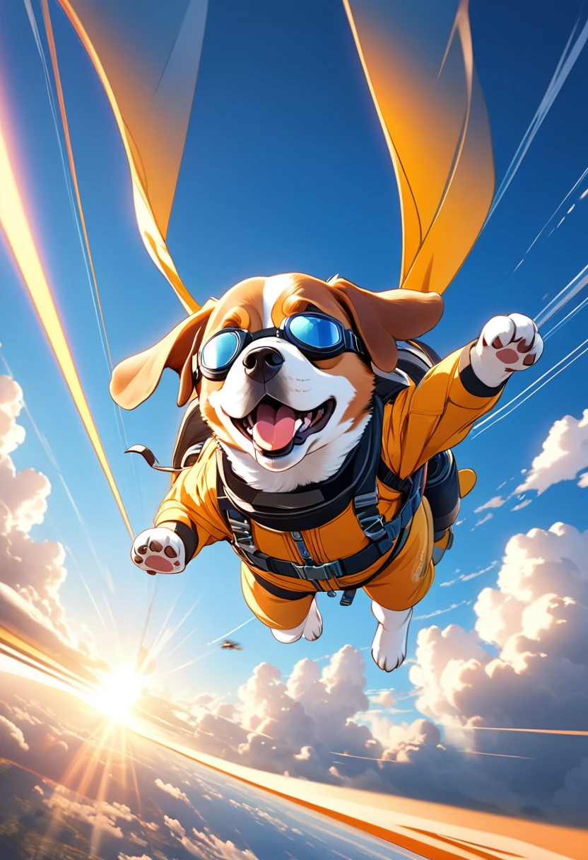 (ultra illustrated style:1.5),best quality,best animated,masterpiece,ray tracing, global illumination,beagle puppy wearing goggles and a jacket flying in the sky, sky diving, falling through the air at high speed,blue sky and clouds and sun, speed line, Dynamic Motion Blur, Cinema Lighting, Dynamic action scenes