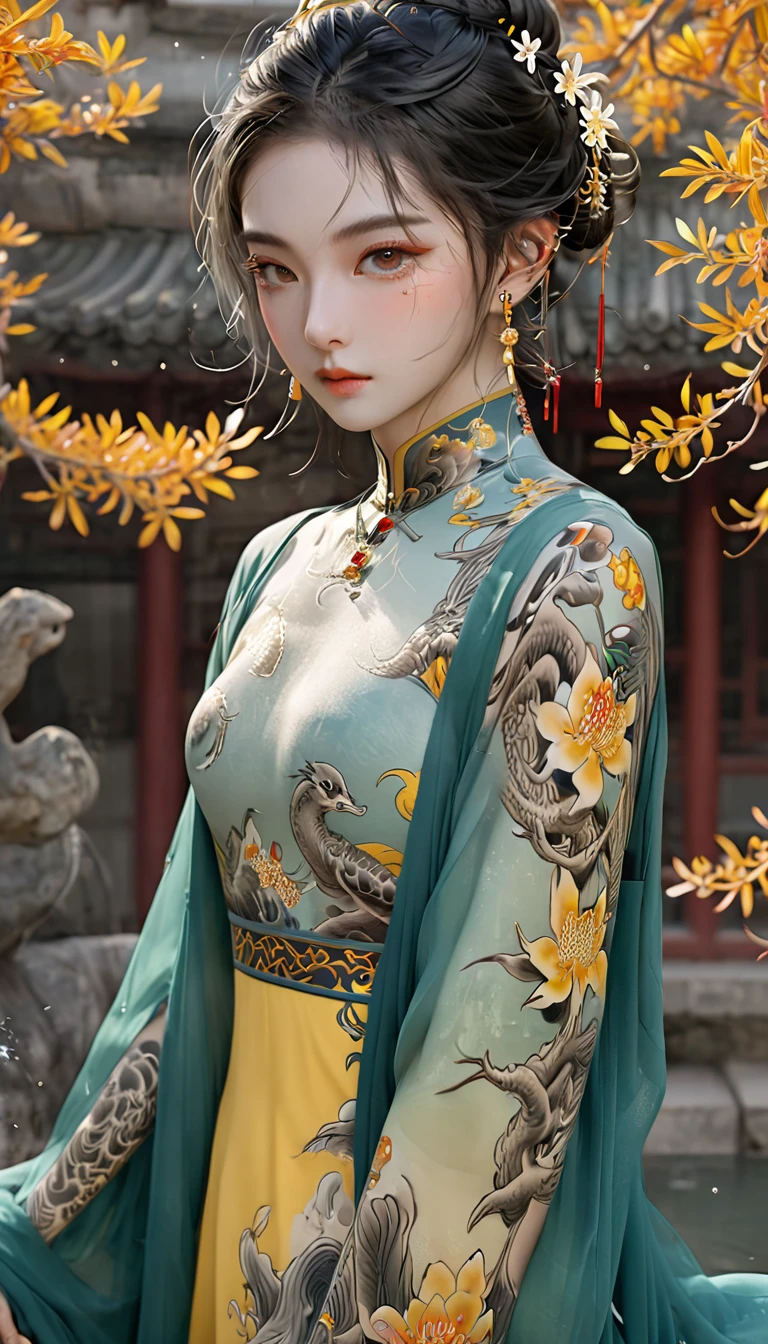 Chinese Beauty, Charming temperament, floating long dress, Clear face, beautiful eyes, Around osmanthus flowers, A masterpiece of perfect body structure proportions, Very detailed, Epic creation, Color Tattoo Art, Neo-Traditional Tattoo Art, SD tattoo design, Color Tattoo Art, mystery、enthusiasm、Friendly atmosphere, Surrealism, Ultra HD, high quality, best quality, 32K --v 6