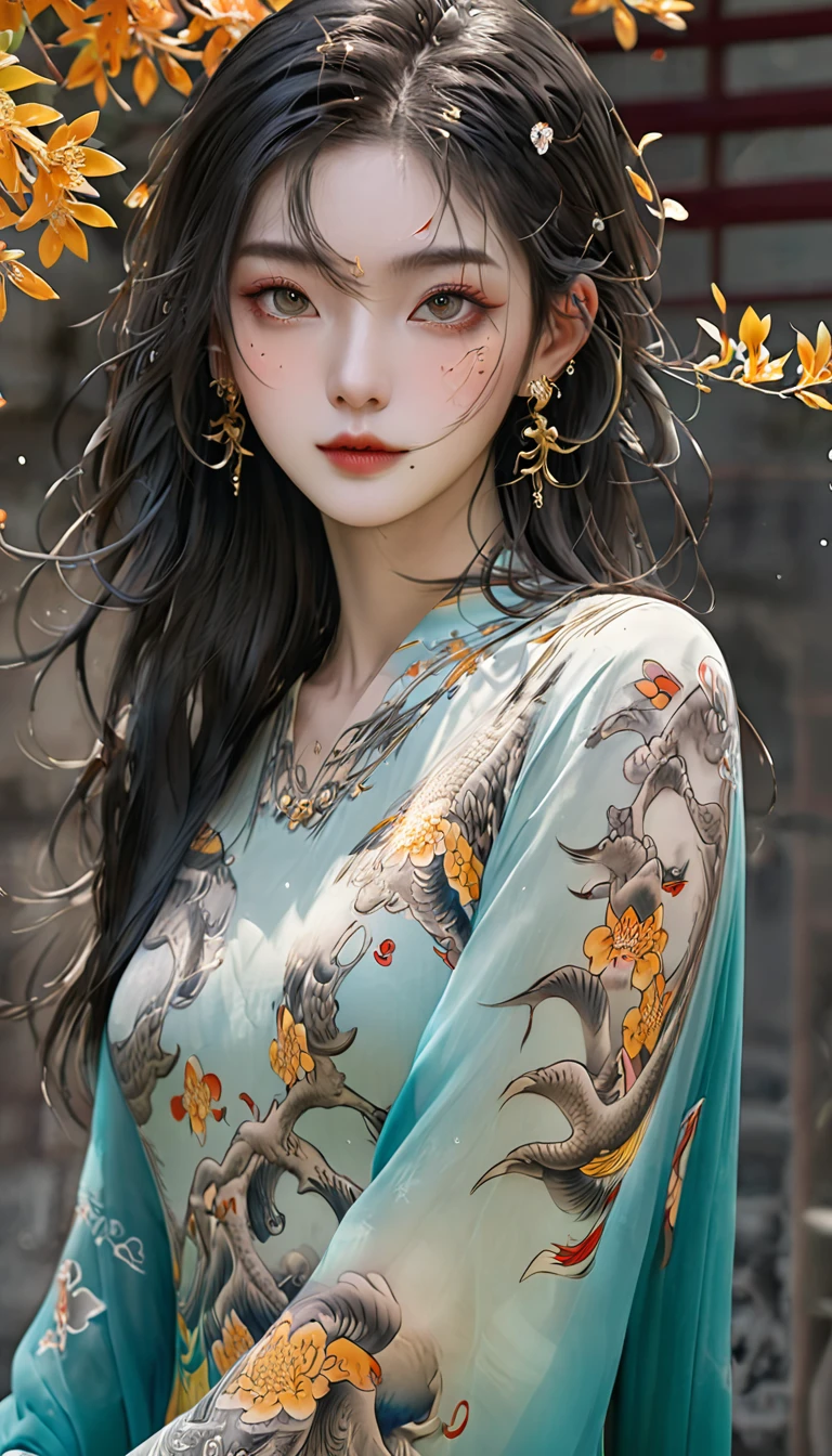 Chinese Beauty, Charming temperament, floating long dress, Clear face, beautiful eyes, Around osmanthus flowers, A masterpiece of perfect body structure proportions, Very detailed, Epic creation, Color Tattoo Art, Neo-Traditional Tattoo Art, SD tattoo design, Color Tattoo Art, mystery、enthusiasm、Friendly atmosphere, Surrealism, Ultra HD, high quality, best quality, 32K --v 6