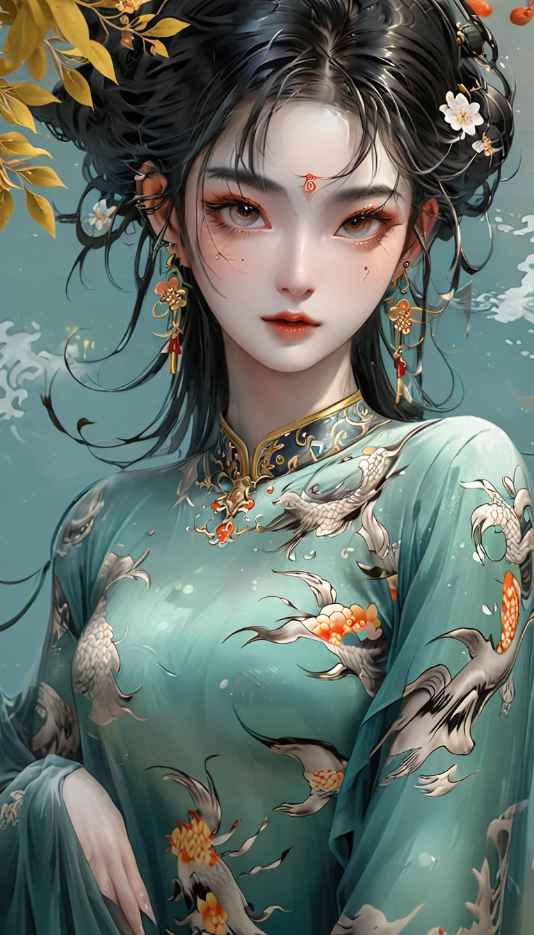 Chinese Beauty, Charming temperament, floating long dress, Clear face, beautiful eyes, Around osmanthus flowers, A masterpiece of perfect body structure proportions, Very detailed, Epic creation, Color Tattoo Art, Neo-Traditional Tattoo Art, SD tattoo design, Color Tattoo Art, mystery、enthusiasm、Friendly atmosphere, Surrealism, Ultra HD, high quality, best quality, 32K --v 6