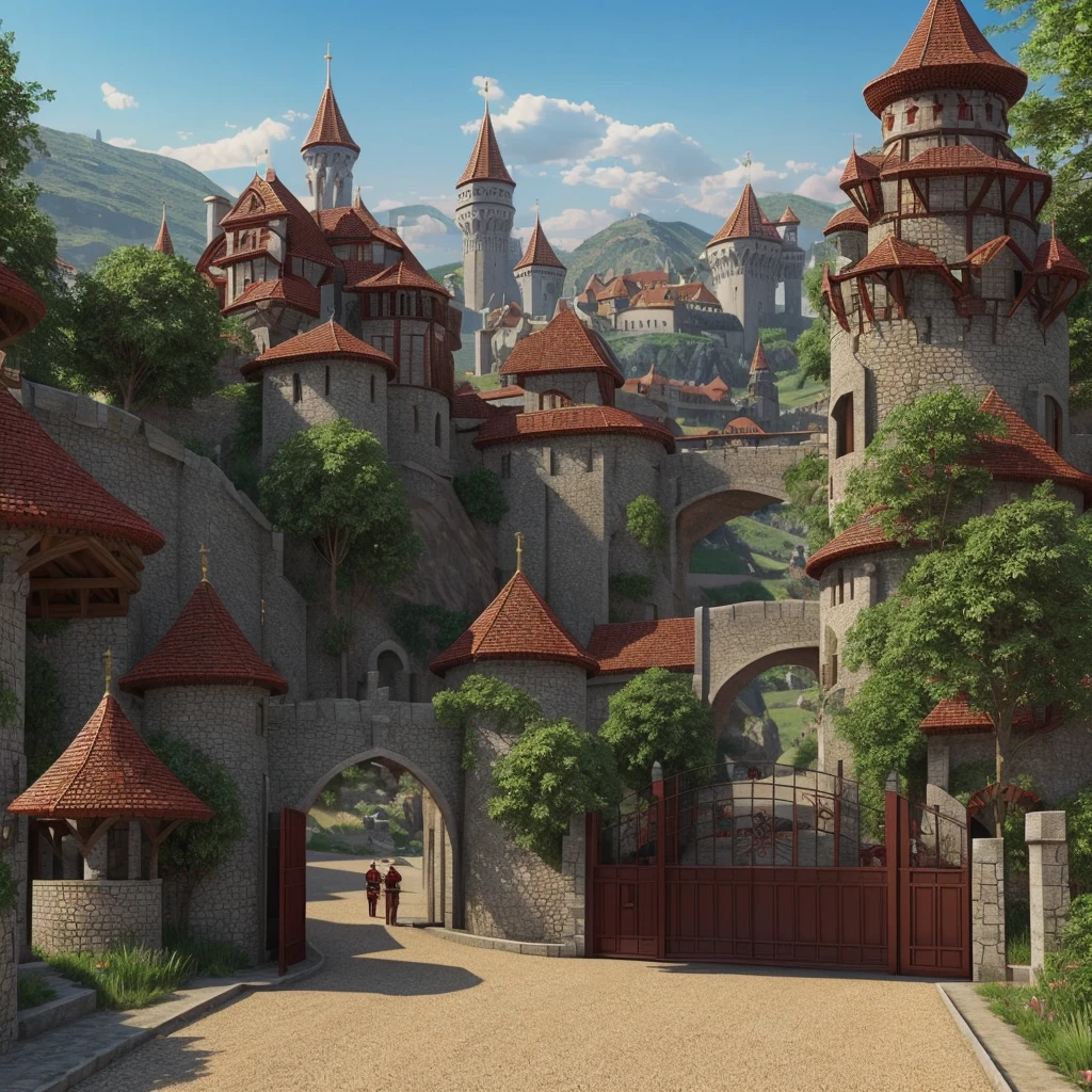 medieval fantasy capital's town entrance at outskirts, red, white and black enigmática, secured with Royal guards, anime Style ilustración, Creative and original , high quality, realistic ,