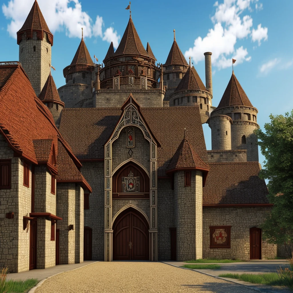medieval fantasy capital's town  entrance at outskirts, red, white and black enigmática, secured with  Royal guards, anime Style ilustración, Creative and original , high quality, realistic , 