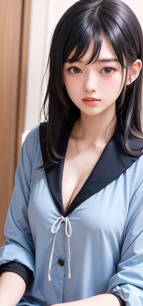 (1 nogizaka girl,15years old face,raw photo,photo realistic:1.5),(best quality, high quality,HDR, highest quality,ultra high resolution,high resolution,high res,ultra high difinition,huge file size,8K,2K wallpaper,8K wallpaper,high quality texture,amazing,an extremely delicate:1.4),one girl, Japanese famous idol,cute face,small face,absurd,ridiculous,incredibly ridiculous,blurry background,(school uniform,sailor suit,topknot,single hair bun,cleavage,no makeup:1.2),medium skin,beautiful skin,detailed skin,black hair,silky hair,black eyes,Japanese nose,5-fingers,(Light Particles, Lens Flare, Luminous Particles: 0.7),looking at viewer,small hands,bright lighting,professional lighting,girl