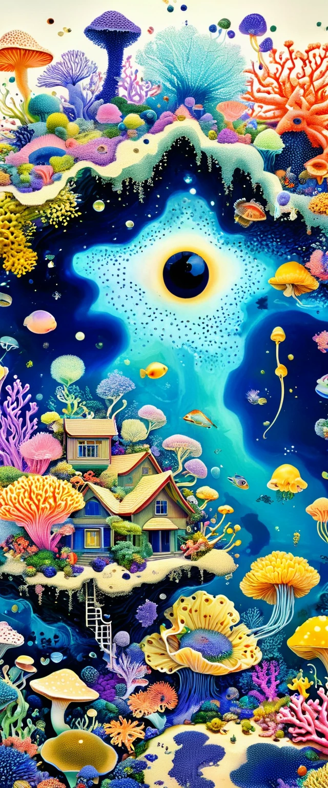 Strong visual fusion of multiple elements,Broto,来自Star的艺术家,house:1.37、Eye、Star、cloud、Spore powder、Marine microbes、Soft coral、sea anemone,Describing the inner world of autistic people,密集Pointillism method。Smooth lines。interesting,Strange illustration。Pointillism method。Strong contrast。Award-winning works。