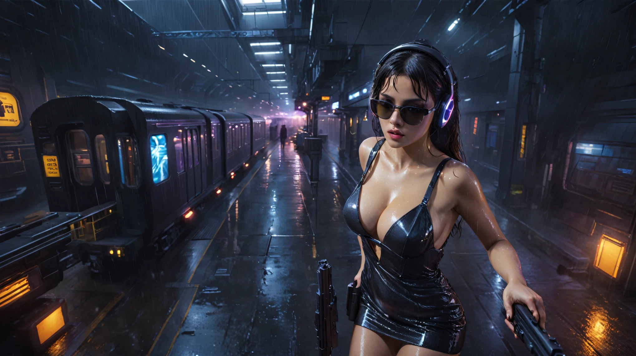 (((aerial view))), Blade Runner style futuristic railway platform, hi-tech train, neon lights, rainy night. (1girl, solo, alone), large-breast:1.2 slim body, cleavage:1.1, sexy wind blowing wet dress:1.4, headphone, (black sunglasses), (((she raised a pistol:1.8 and shot:1.8 the viewer))), dynamic pose, (((half-body thigh level medium shot))), cinematic lighting, lens flare, ray tracing, blurred:1.4 background.