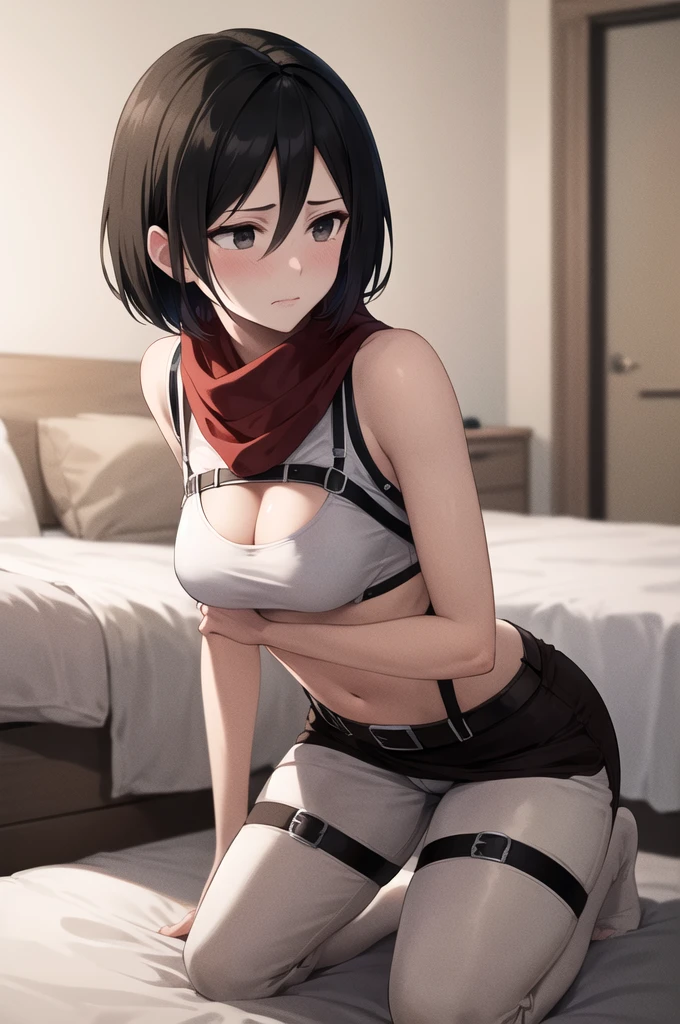 Masterpiece, best quality, high res, hmmikasa, short hair, black eyes, scarf, emblem, belt, thigh strap, red scarf, tight white pants, cropped tank top, brown blazer, cleavage, cowboy shot, medium breasts, shy face, kneeling on a bed, breasts, bare thighs, side view