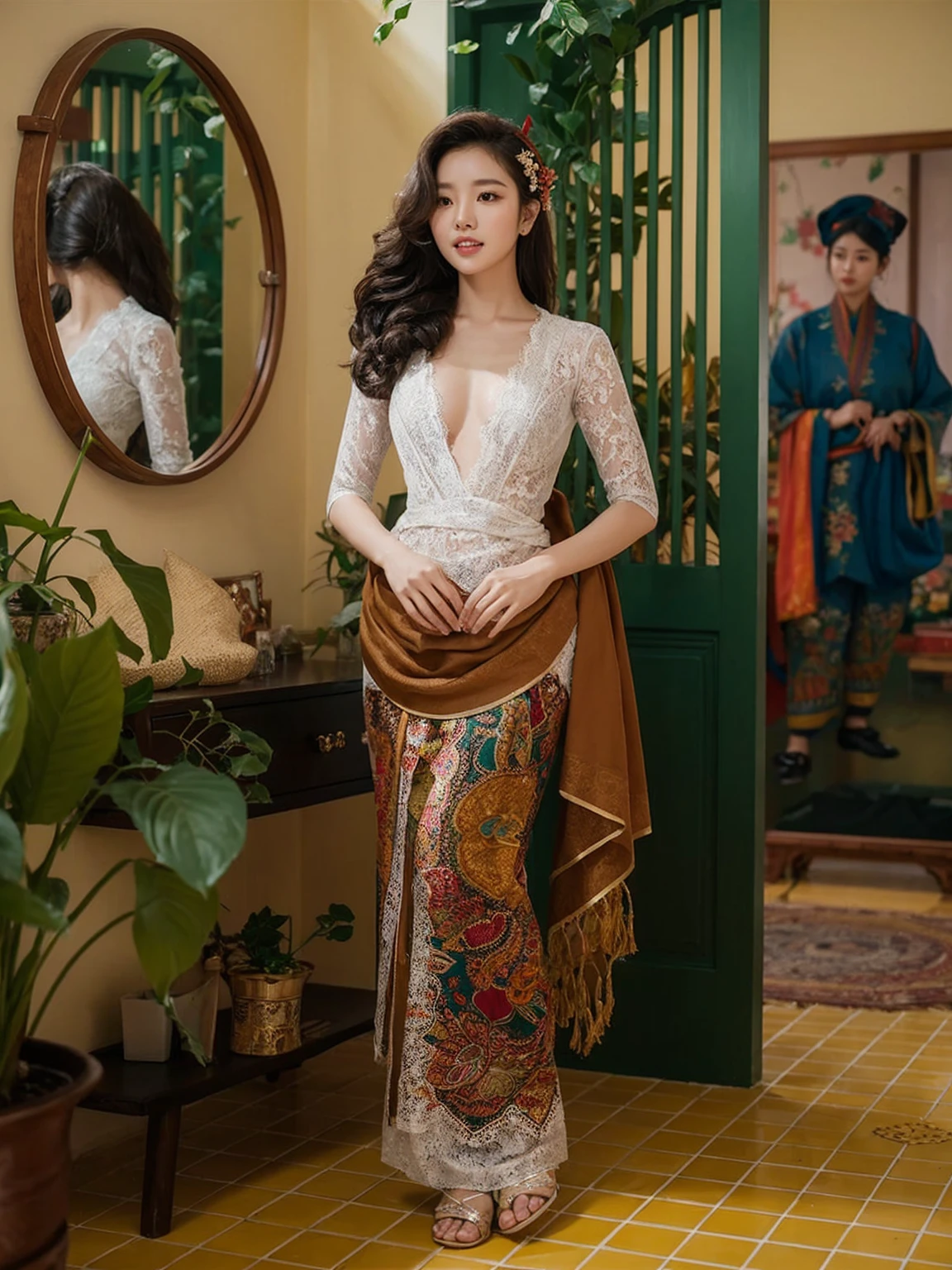Create a realistic, UHD, 8K visual of a young korean woman with an pear body shape standing elegantly in a beautifully decorated room. She is wearing traditional Indonesian attire, consisting of a white lace fitted kebaya with v deeps cuts showing her bare larged-size chest, a batik sarong with intricate patterns, and a brown scarf draped over her shoulders. Her long hair cascades over her shoulders, and she wears a delicate smile, exuding grace and poise. The background includes a round mirror with wooden accents, a green door, and a painting of a man in traditional attire. There are also indoor plants adding a touch of greenery to the room, and the yellow tiled floor complements the warm and inviting atmosphere. Describe the setting, her attire, and the cultural significance of her clothing and surroundings