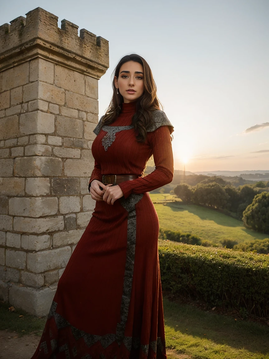 Gorgeous and sultry busty athletic (thin) brunette queen with sharp facial features wearing a modest updo, dark red medieval dress, long sleeves, intricate patterns, scrollwork, wide neck, crown, veil, long dress, modest dress, tight bodice, silver belt, (waist chain), medieval jewelry, Middle Ages, castle, rampart, wall, exterior, on top of a castle wall, trees, countryside, evening, sunset.