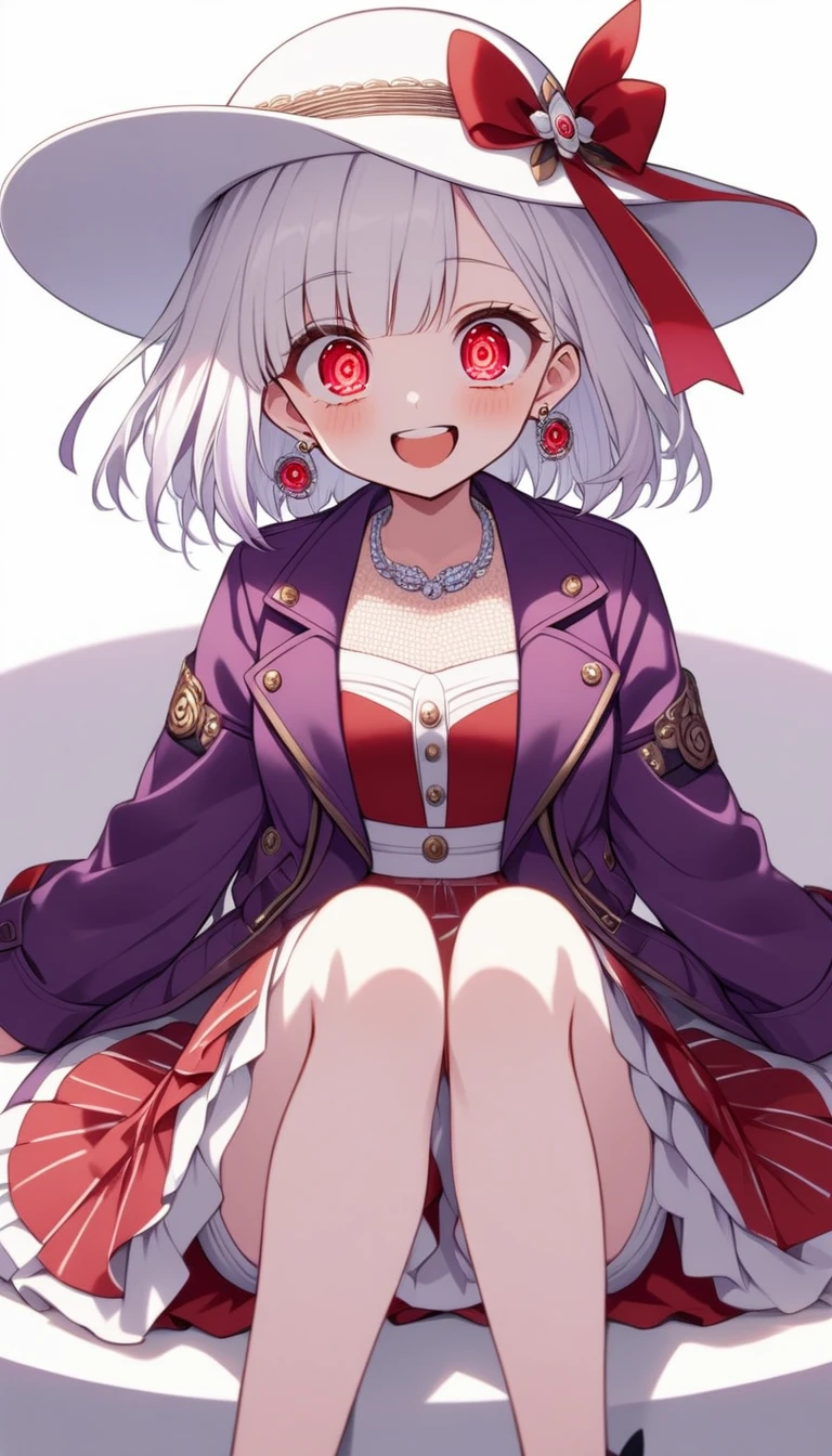 One Girl, alone, Medium Hair, View your audience, Surprised expression、panic、Bitter smile、bangs, ((PurpleのJacket)), Red pastel skirt、Red eyes,White hair in the eye、Shining beautiful eyes、((White boater hat with red ribbon))、White Jewelry, Sitting, Jacket, whole body, PurpleとPinkのメッシュカラー、Hair Color(Purple,Pink)、Purple pink mesh color、 earrings, Glasses, teeth, , open Jacket, Earrings, ring, ear Earrings, White Background、White Background