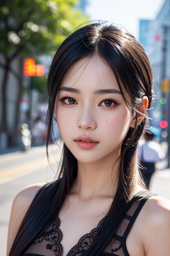 (masterpiece, best quality, hires, high resolution:1.2), (extremely detailed, intricate details, highres), (medium close-up:1.2) portrait on a (Tokyo street sunny background:1.2), (medium shot:1.2), (face focus:1.1), (soft focus:1.2), low lighting, (out of focus:1.2), bokeh, f1.4, 40mm, photorealistic, raw, 8k, ((textured skin:1.1, skin pores:0.3, realistic skin:1.1)), intricate details, 1girl, (ultra sharp image), black hair, perma straight hair style, very beautiful girl,