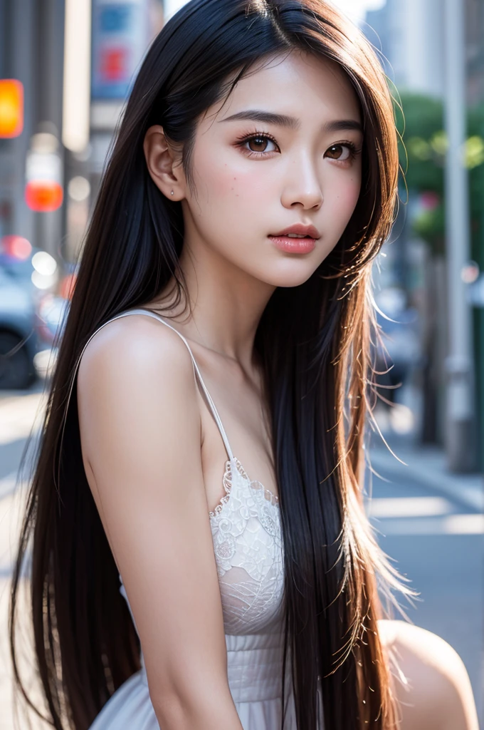 (masterpiece, best quality, hires, high resolution:1.2), (extremely detailed, intricate details, highres), (medium close-up:1.2) portrait on a (Tokyo street sunny background:1.2), (medium shot:1.2), (face focus:1.1), (soft focus:1.2), low lighting, (out of focus:1.2), bokeh, f1.4, 40mm, photorealistic, raw, 8k, ((textured skin:1.1, skin pores:0.3, realistic skin:1.1)), intricate details, 1girl,  (ultra sharp image), black hair, perma straight hair style, very beautiful girl,  