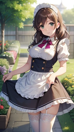 nozomitoujou, Nozomi-san always, Green Eyes, Brown Hair, Curly Hair, Large Breasts, masterpiece, Highest quality, High resolution, Beautiful attention to detail, Highly detailed face, Good lighting, Detailed CG, Messy Hair, garden, Glossy Lips, Maid, Short puff sleeves, small Maid apron, Thigh-high socks