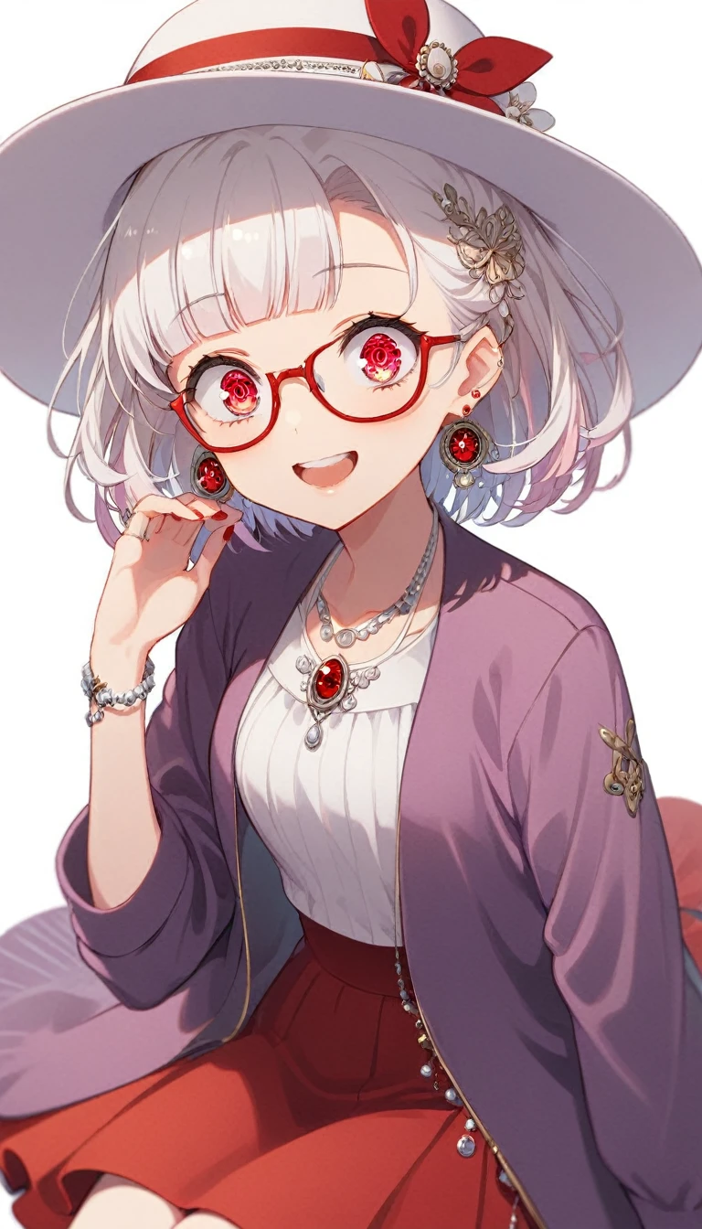 One Girl, alone, Medium Hair, View your audience, Surprised expression、panic、Bitter smile、bangs, ((PurpleのJacket)), Red pastel skirt、Red eyes,White hair in the eye、Shining beautiful eyes、((White boater hat with red ribbon))、White Jewelry, Sitting, Jacket, whole body, PurpleとPinkのメッシュカラー、Hair Color(Purple,Pink)、Purple pink mesh color、 earrings, Glasses, teeth, , open Jacket, Earrings, ring, ear Earrings, White Background、White Background、Yoga poses、whole body