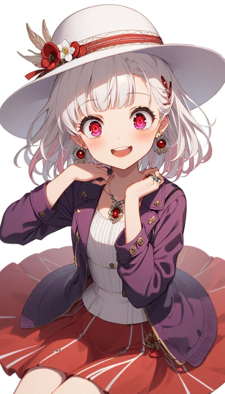 One Girl, alone, Medium Hair, View your audience, Surprised expression、panic、Bitter smile、bangs, ((PurpleのJacket)), Red pastel skirt、Red eyes,White hair in the eye、Shining beautiful eyes、((White boater hat with red ribbon))、White Jewelry, Sitting, Jacket, whole body, PurpleとPinkのメッシュカラー、Hair Color(Purple,Pink)、Purple pink mesh color、 earrings, Glasses, teeth, , open Jacket, Earrings, ring, ear Earrings, White Background、White Background、Yoga poses、whole body