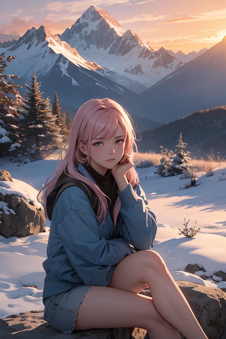 masterpiece ,best quality, A beautiful woman with light hair, flowers, snow-capped mountains, summer,A beautiful mountain landscape during sunset, with a 25-year-old woman sitting on a rock, gazing at the scenery. She has a reflective expression, with a tear rolling down her cheek. The scene is serene, with gentle winds and soft colors. The mountains are majestic, with hints of snow on the peaks. The sky is painted with warm hues of orange, pink, and purple. The woman wears casual clothes, symbolizing her journey and determination. In the background, there are soft, nostalgic elements like faint outlines of her youthful memories blending with the natural beauty.