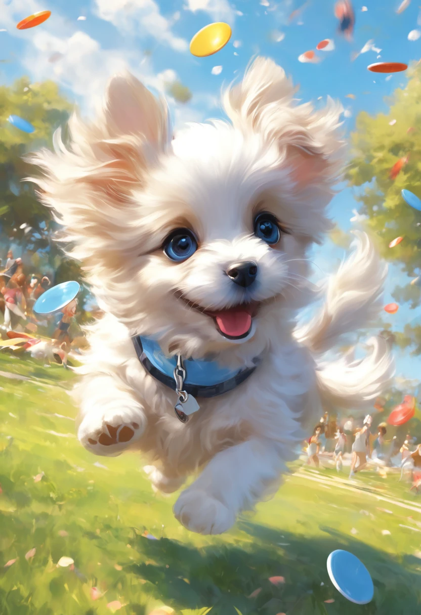 (Puppy jumping to catch a frisbee:1.2)、1 puppy、Papillon puppy、Dynamic composition、4k anime art、(Highest quality、High resolution、masterpiece)、