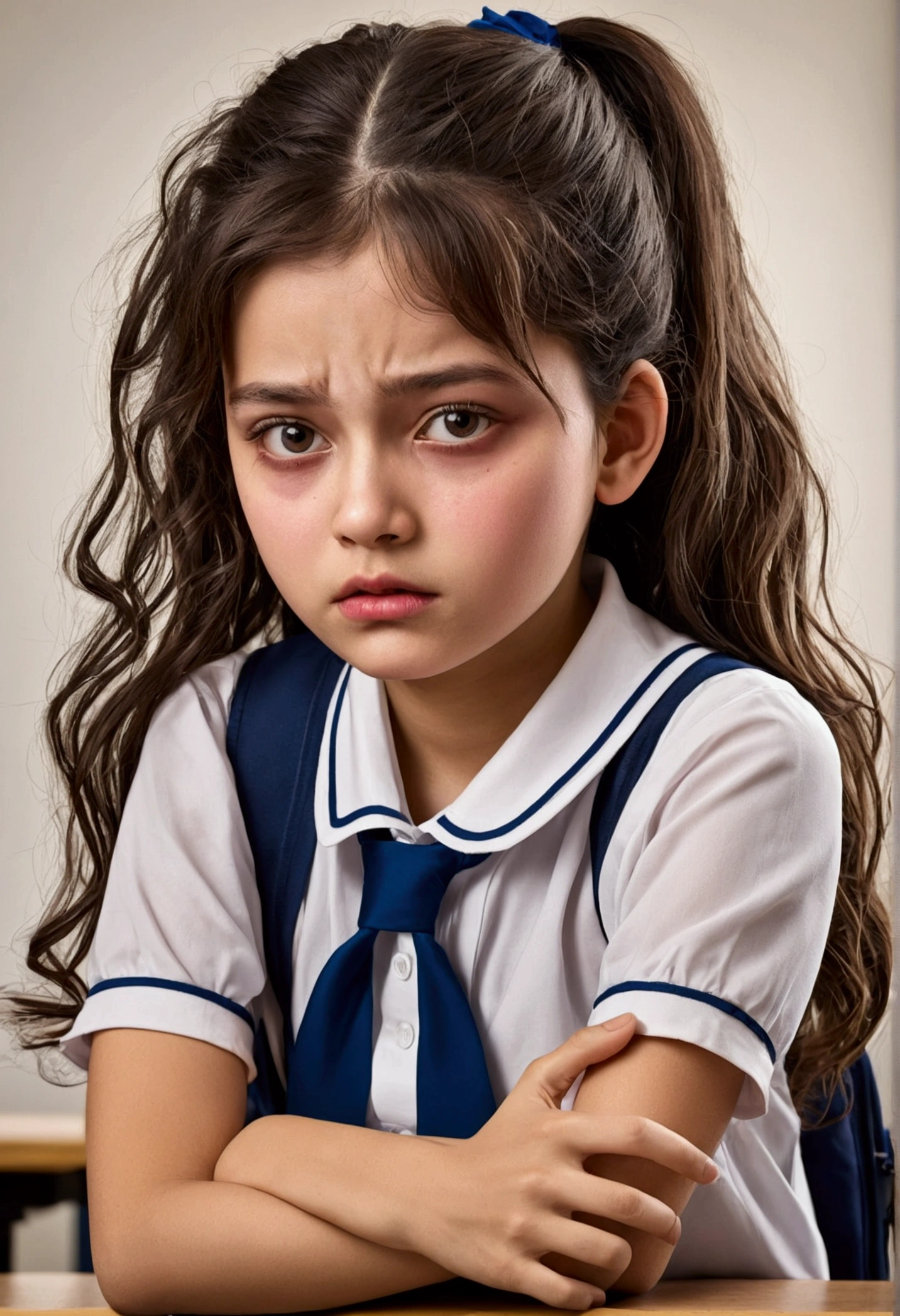 2 , each 7 years olds old little giry hair and 1hair) wearing wet sailor school uniform and pink skirt, sit in yard. Teary eyes staring viewer . Full body
Rainy day
Beautiful detailed eyes, face and finger.