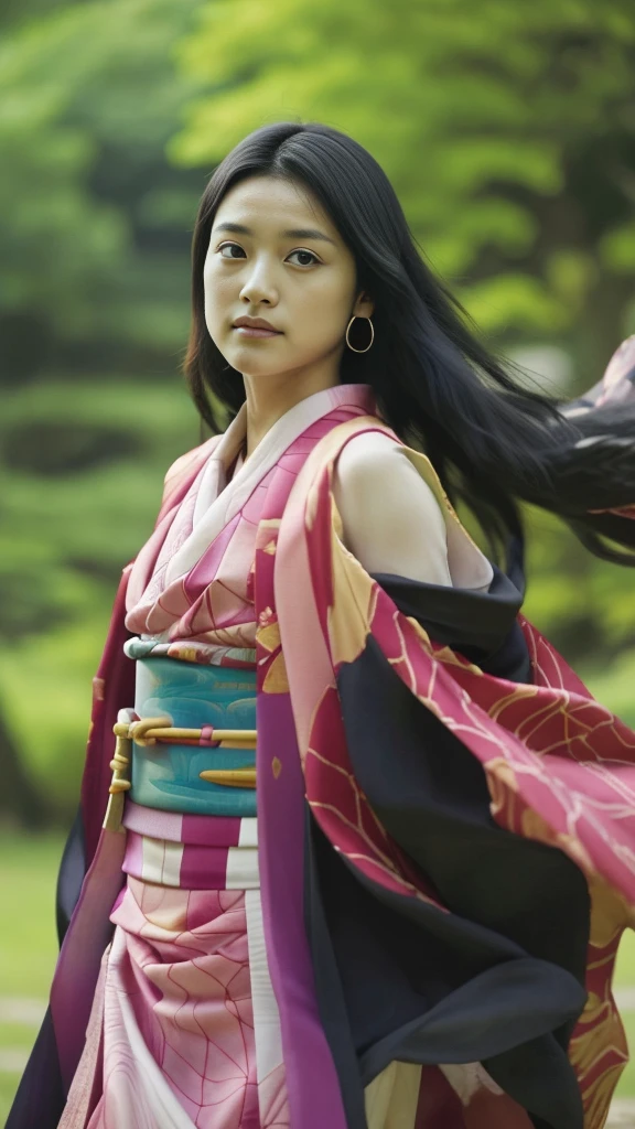 Ultra detailed, highres, absurdres, HDR, Kamado Nezuko, black long hair, pink expressive eyes, Kimetsu No Yaiba, pink flowers, petals, fireflies, lanterns, pink moon, woman, extremely beautiful, very detailed face and eyes, pink kimono, black haori, solo