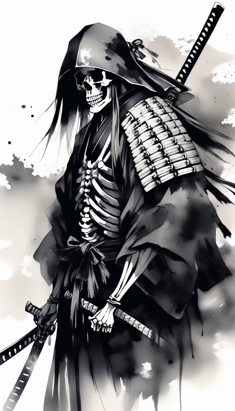 Abstract dark gradient background, skeleton samurai in kimono with katana, Chinese ink painting style, ink, Soil, The beauty of traditional Japanese armor, ethereal and fluttering, black and white, Black and White Art, 8k, Ultra-fine, Rich detail masterpiece