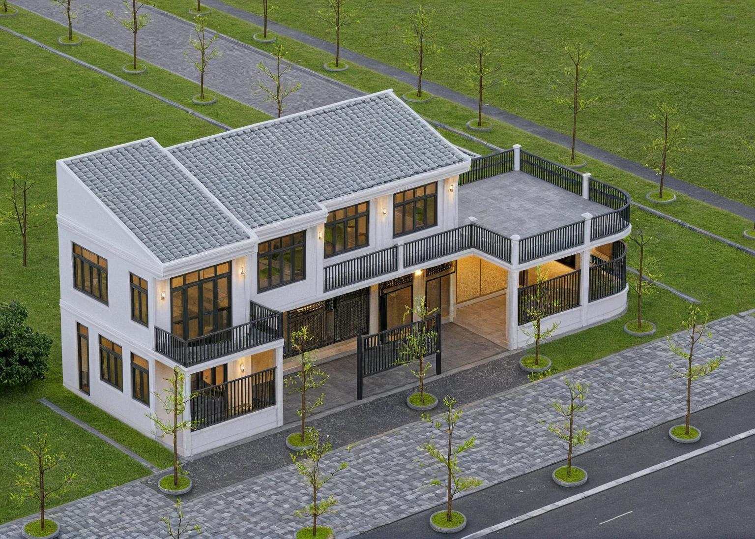 Raw photo,Masterpiece, high quality, best quality, authentic, super detail,
exterior, outdoors, house style indochine on the street ,aiaigroup
road,pavement, grass, trees, sky, cloud, (day:1.1)