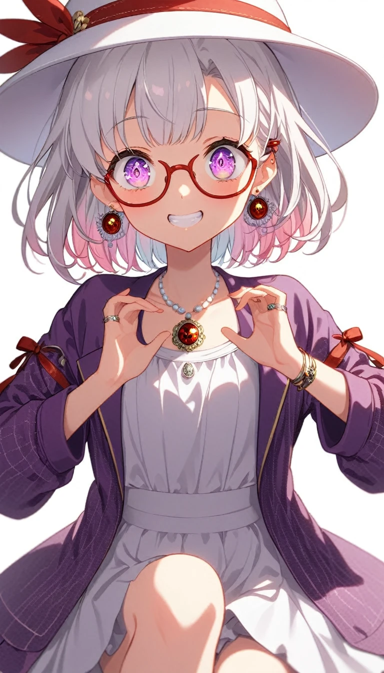 One Girl, alone, Medium Hair, View your audience, Surprised expression、panic、Bitter smile、bangs, ((PurpleのJacket)), Purpleのパステルカラーのスカート、Purpleの目,White hair in the eye、Shining beautiful eyes、((White boater hat with red ribbon))、White Jewelry, Sitting, Jacket, whole body, PurpleとPinkのメッシュカラー、Hair Color(Purple,Pink)、Purple pink mesh color、 earrings, Glasses, teeth, , open Jacket, Earrings, ring, ear Earrings, White Background、White Background、Yoga poses、whole body