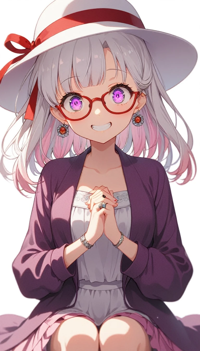 One Girl, alone, Medium Hair, View your audience, Surprised expression、panic、Bitter smile、bangs, ((PurpleのJacket)), Purpleのパステルカラーのスカート、Purpleの目,White hair in the eye、Shining beautiful eyes、((White boater hat with red ribbon))、White Jewelry, Sitting, Jacket, whole body, PurpleとPinkのメッシュカラー、Hair Color(Purple,Pink)、Purple pink mesh color、 earrings, Glasses, teeth, , open Jacket, Earrings, ring, ear Earrings, White Background、White Background、Yoga poses、whole body