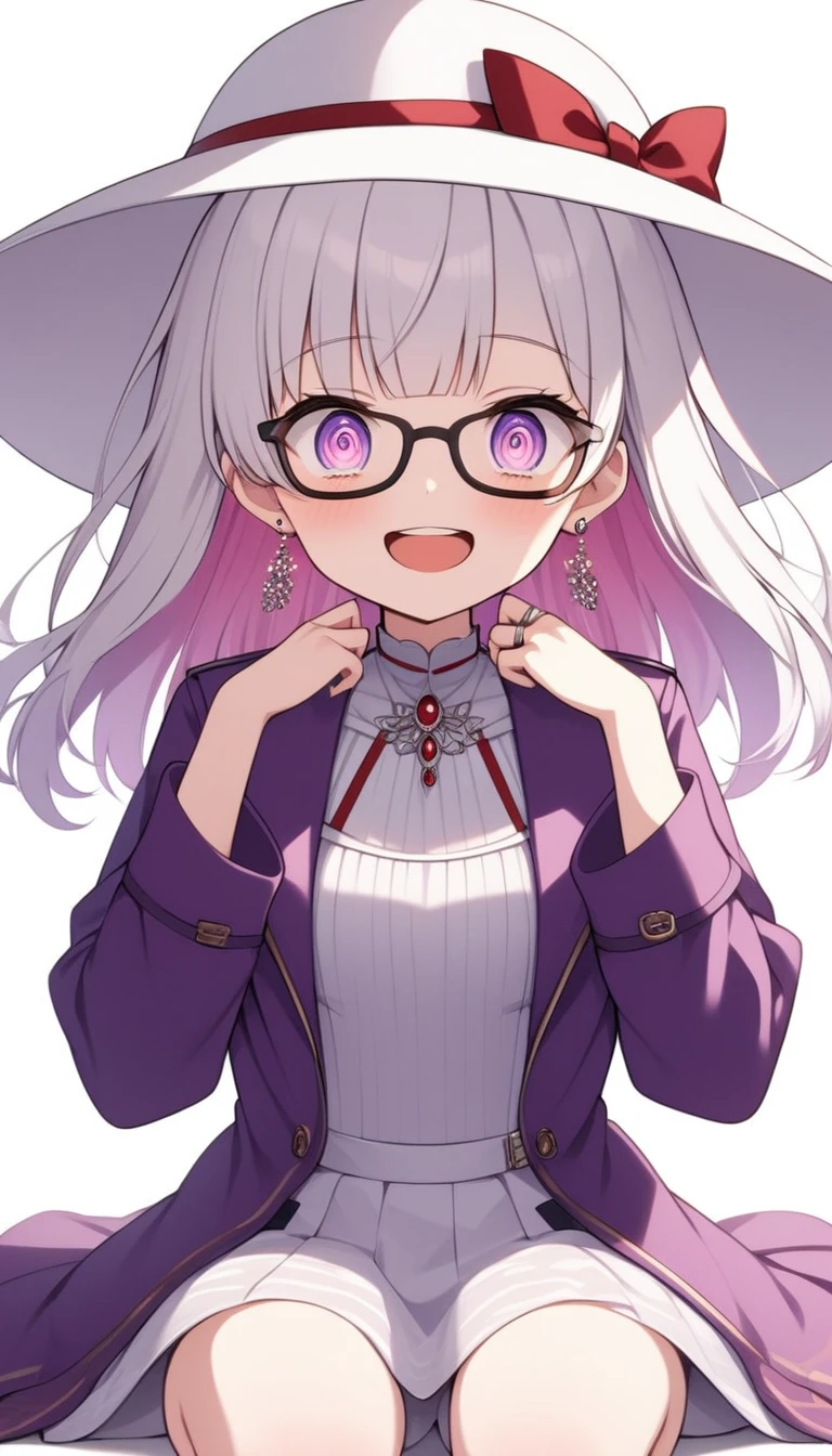 One Girl, alone, Medium Hair, View your audience, Surprised expression、panic、Bitter smile、bangs, ((PurpleのJacket)), Purpleのパステルカラーのスカート、Purpleの目,White hair in the eye、Shining beautiful eyes、((White boater hat with red ribbon))、White Jewelry, Sitting, Jacket, whole body, PurpleとPinkのメッシュカラー、Hair Color(Purple,Pink)、Purple pink mesh color、 earrings, Glasses, teeth, , open Jacket, Earrings, ring, ear Earrings, White Background、White Background、Yoga poses、whole body