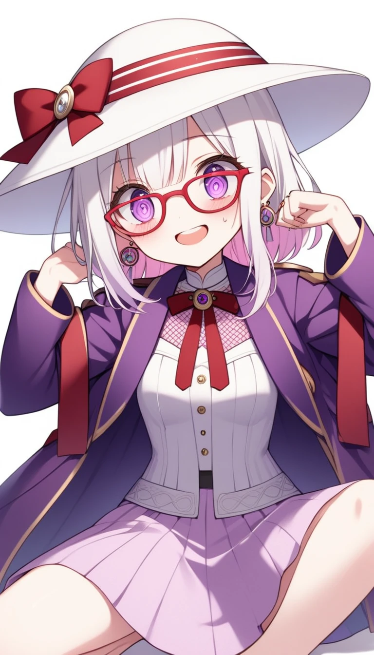 One Girl, alone, Medium Hair, View your audience, Surprised expression、panic、Bitter smile、bangs, ((PurpleのJacket)), Purpleのパステルカラーのスカート、Purpleの目,White hair in the eye、Shining beautiful eyes、((White boater hat with red ribbon))、White Jewelry, Sitting, Jacket, whole body, PurpleとPinkのメッシュカラー、Hair Color(Purple,Pink)、Purple pink mesh color、 earrings, Glasses, teeth, , open Jacket, Earrings, ring, ear Earrings, White Background、White Background、Yoga poses、whole body