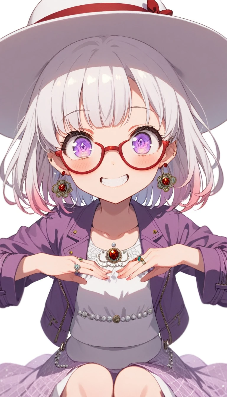 One Girl, alone, Medium Hair, View your audience, Surprised expression、panic、Bitter smile、bangs, ((PurpleのJacket)), Purpleのパステルカラーのスカート、Purpleの目,White hair in the eye、Shining beautiful eyes、((White boater hat with red ribbon))、White Jewelry, Sitting, Jacket, whole body, PurpleとPinkのメッシュカラー、Hair Color（Purple,Pink）、Purple pink mesh color、 earrings, Glasses, teeth, , open Jacket, Earrings, ring, ear Earrings, White Background、White Background、Yoga poses、whole body