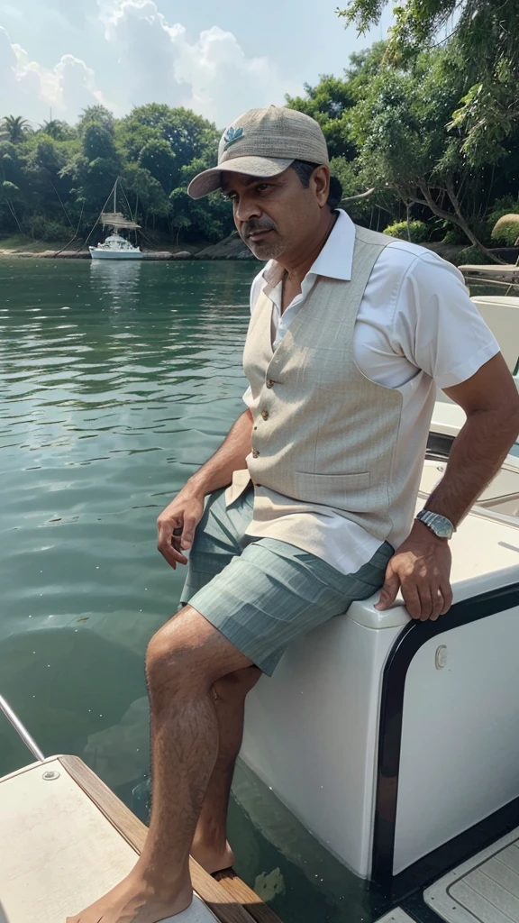 The Mermaid Queen is at the edge of the boat with half her body in the water, while Mr. Arif sits in the boat with a confused expression. Mr. Arif’s hat has fallen to his side, revealing his graying hair, and his vest is open, showing his simple white shirt.