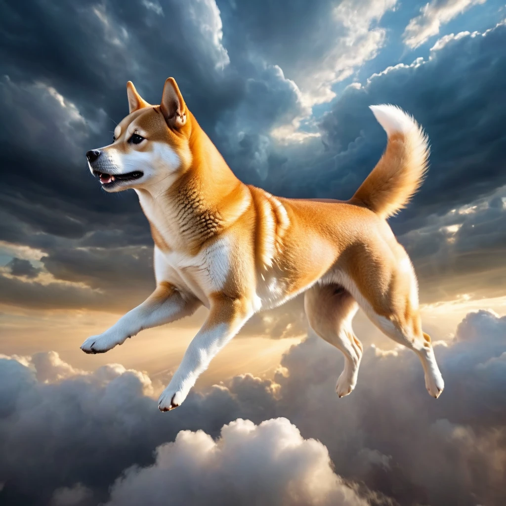 A Shiba Inu, side view ,flying in the cloud, (jumping pose:1.5), epic sky background ， theatricality and mystique  ，Otherworldly ，Awesome ，Clever use of light and shadow，Adds depth and drama to the scene., Involve the audience in a dark and elegant narrative. This masterpiece, Created by the famous painter Gustav Klimt, Delve deep into the realms of fantasy and mythology, Inviting viewers to explore the complexity of beauty, strength, Anatomically correct，ezh，Fantasy，