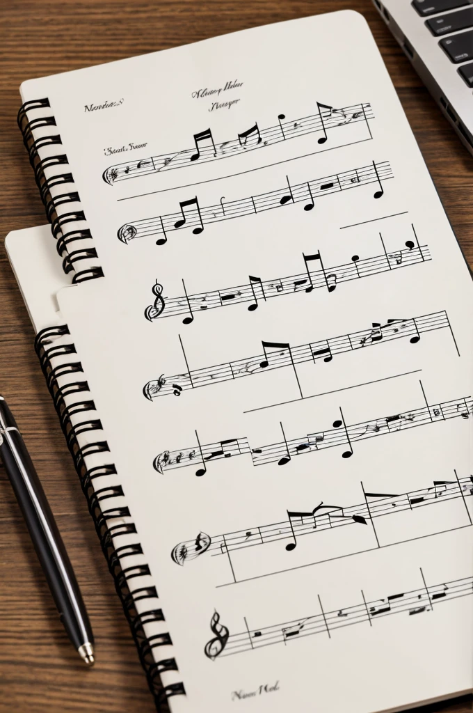 Musical notes around a notebook