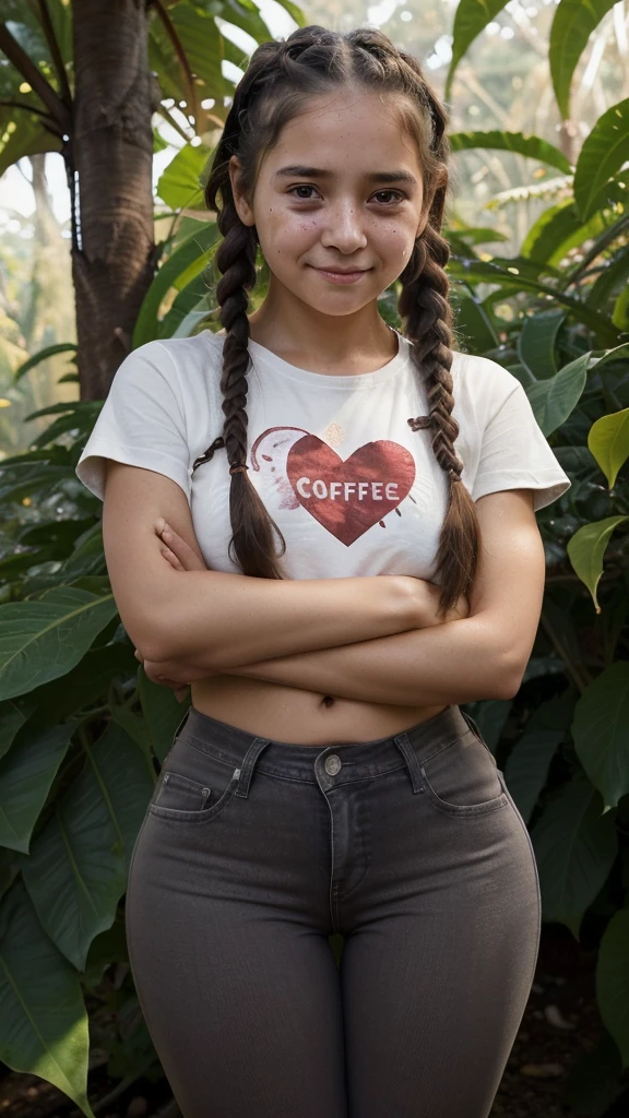 face of a beautiful 5 year old girl, white skin, brown eyes, black hair with braids, extremely sad and melancholic, eyes watering a lot, crying expression, crying a lot, large tears prominent. wearing a black shirt, a shirt with the design of a large heart broken in half, in red next to a Brazilian woman. Dimensions preserved. Araffe woman in jeans and topper posing at the coffee farm, accentuated curvy butt, tight clothes, frontal photo, brown hair and perfect body, tight clothes, frontal photo, posing at the coffee farm, sexy girl smiling. looking seductive from the front, very sexy outfit, beautiful face with arms and legs. At the coffee farm