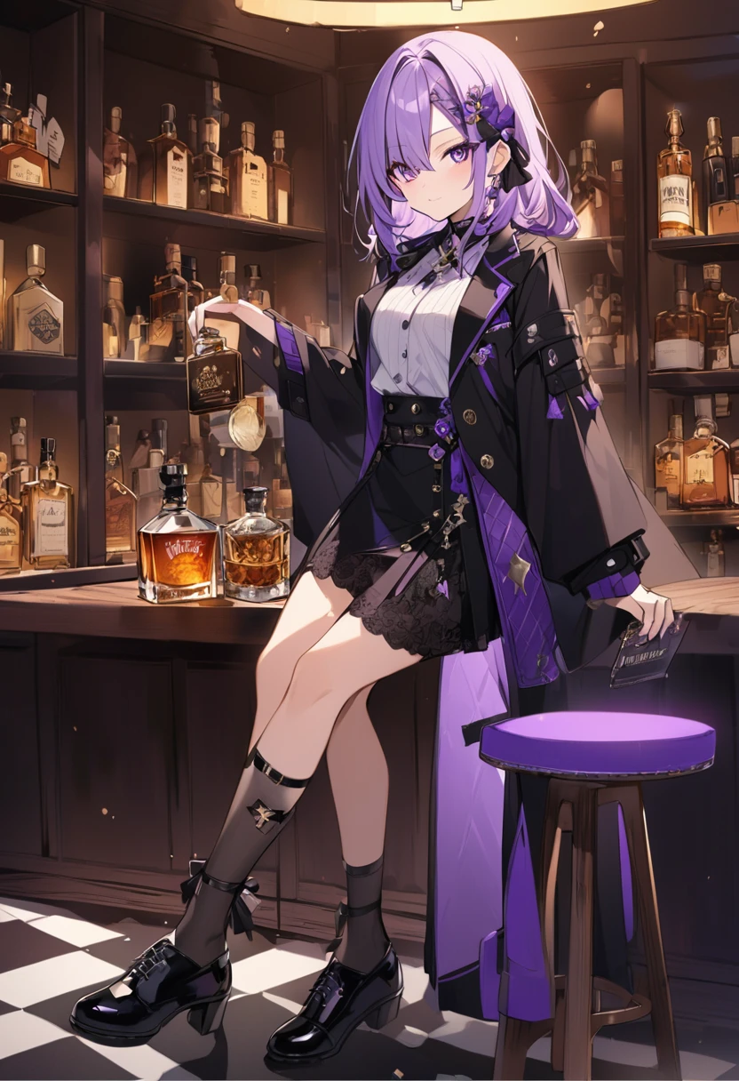 Keito。Purple Eyes。Light purple hair。Black shoes。Amethyst hair accessory。whisky。bar