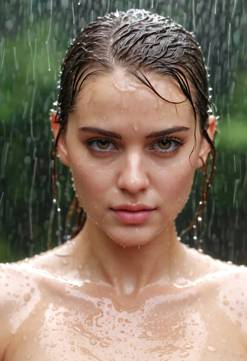 (Best Quality, 4k, masterpiece :1.3), Beautiful woman, 1 girl, (old, attractive body :1.2), ABS :1.1, Dark brown hair: 1.1, (rainy wet, wet from the rain, wet body :1.2), Ultra detailed face, detailed lips, detailed eyes, double eyelid