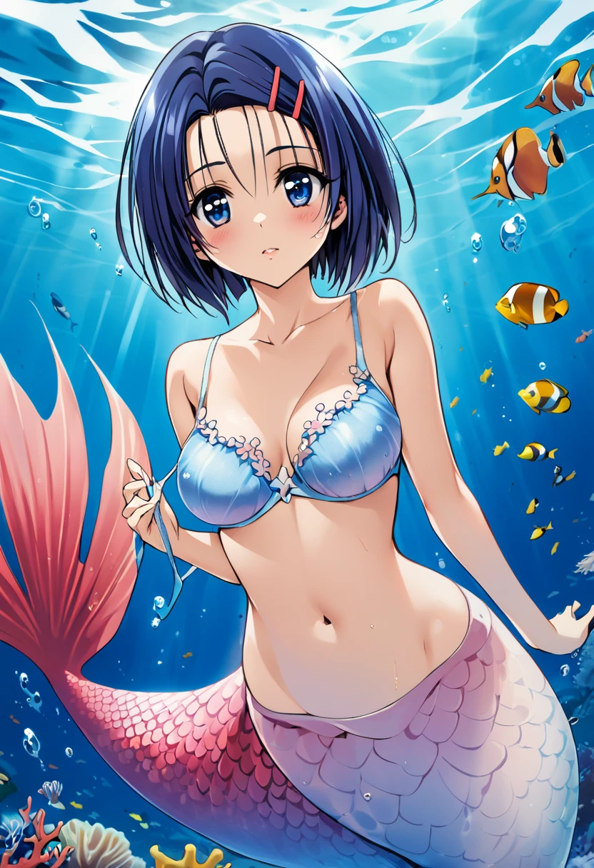 One girl, sairenji haruna,blue short hair,blue eyes,forehead,hair pin, analogous colors blue and purple, Seashell bra,mermaid theme,under water,swimning,Coral and tropical fish,Style of Yabuki Kentaro, To Love-Ru art style,masterpiece, highest quality, Beautiful Face, Perfect body, Official Art, grand plix award illustration, Professional Lighting,