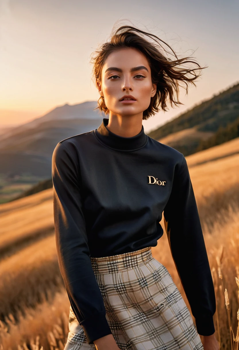 ((best quality)), ((masterpiece)), (detailed), half body shot, fashion photo shot, dynamic pose, dynamic angle, sunsetting in the background, young italian woman, wearing Dior apparel. she is looking off at the sunset, a cabin in golden grass field with rocky hills at the distance