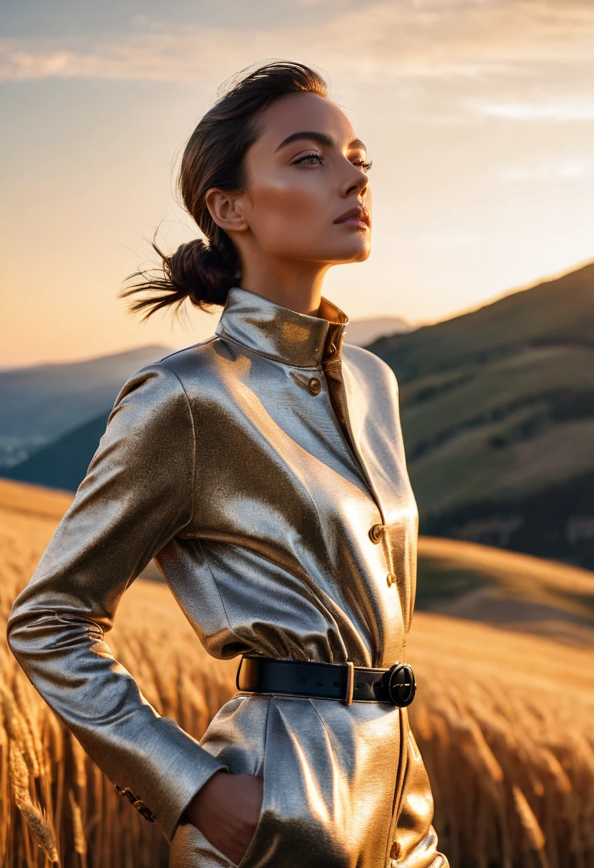 ((best quality)), ((masterpiece)), (detailed), half body shot, fashion photo shot, dynamic pose, dynamic angle, sunsetting in the background, young italian woman, wearing Dior apparel. she is looking off at the sunset, a cabin in golden grass field with rocky hills at the distance