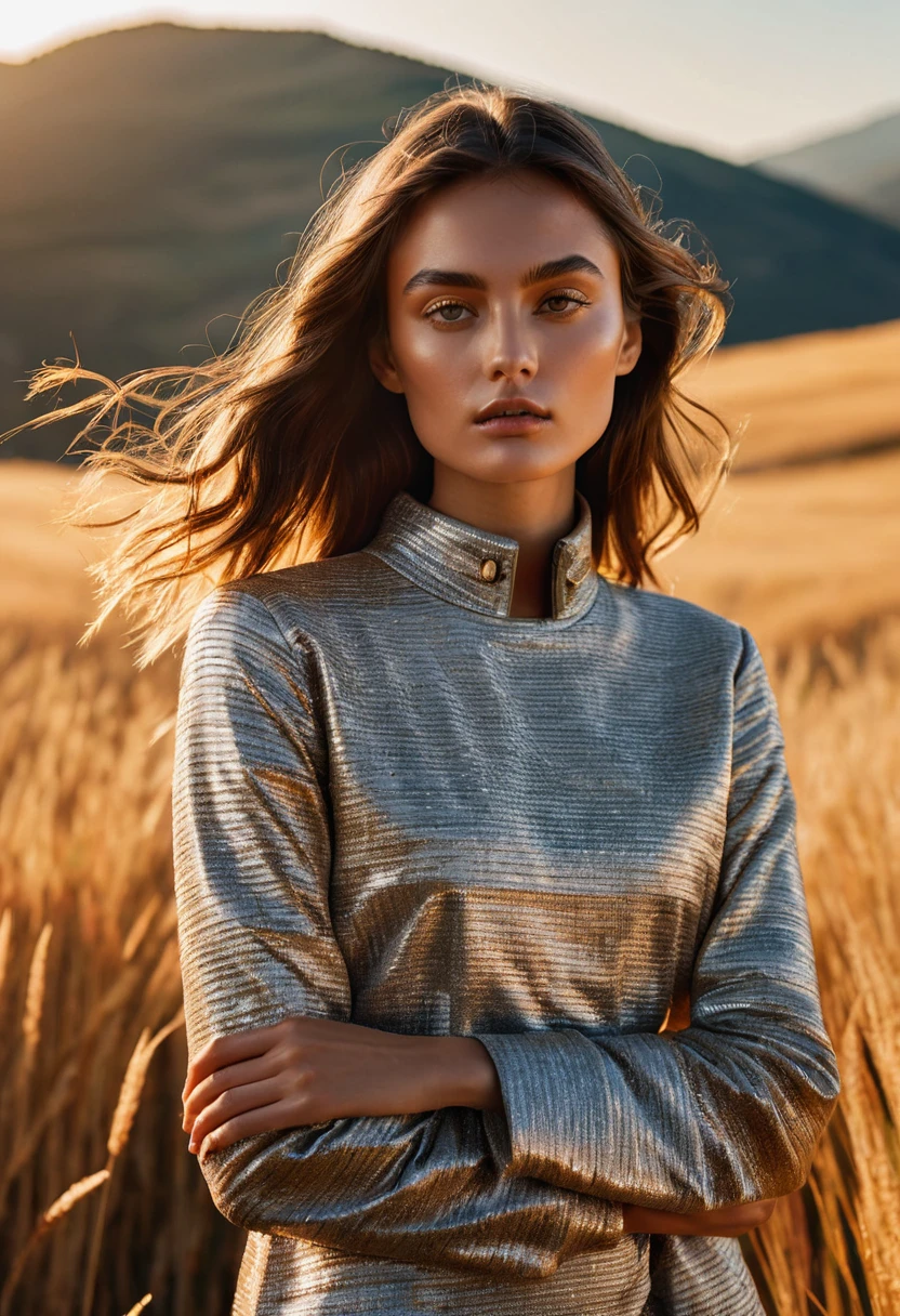 ((best quality)), ((masterpiece)), (detailed), half body shot, fashion photo shot, dynamic pose, dynamic angle, sunsetting in the background, young italian woman, wearing Dior apparel. she is looking off at the sunset, a cabin in golden grass field with rocky hills at the distance