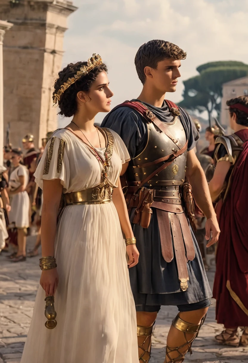 period Flavian period young beautiful very exotic Latin Mediterranean Italian Roman woman in feminine traditional Roman attire and aith a young Roman soldier in full Roman military attire and gearMasterpiece,quality,4k,Show a young 20 something couples in ancient Italy Latin Rome Italy