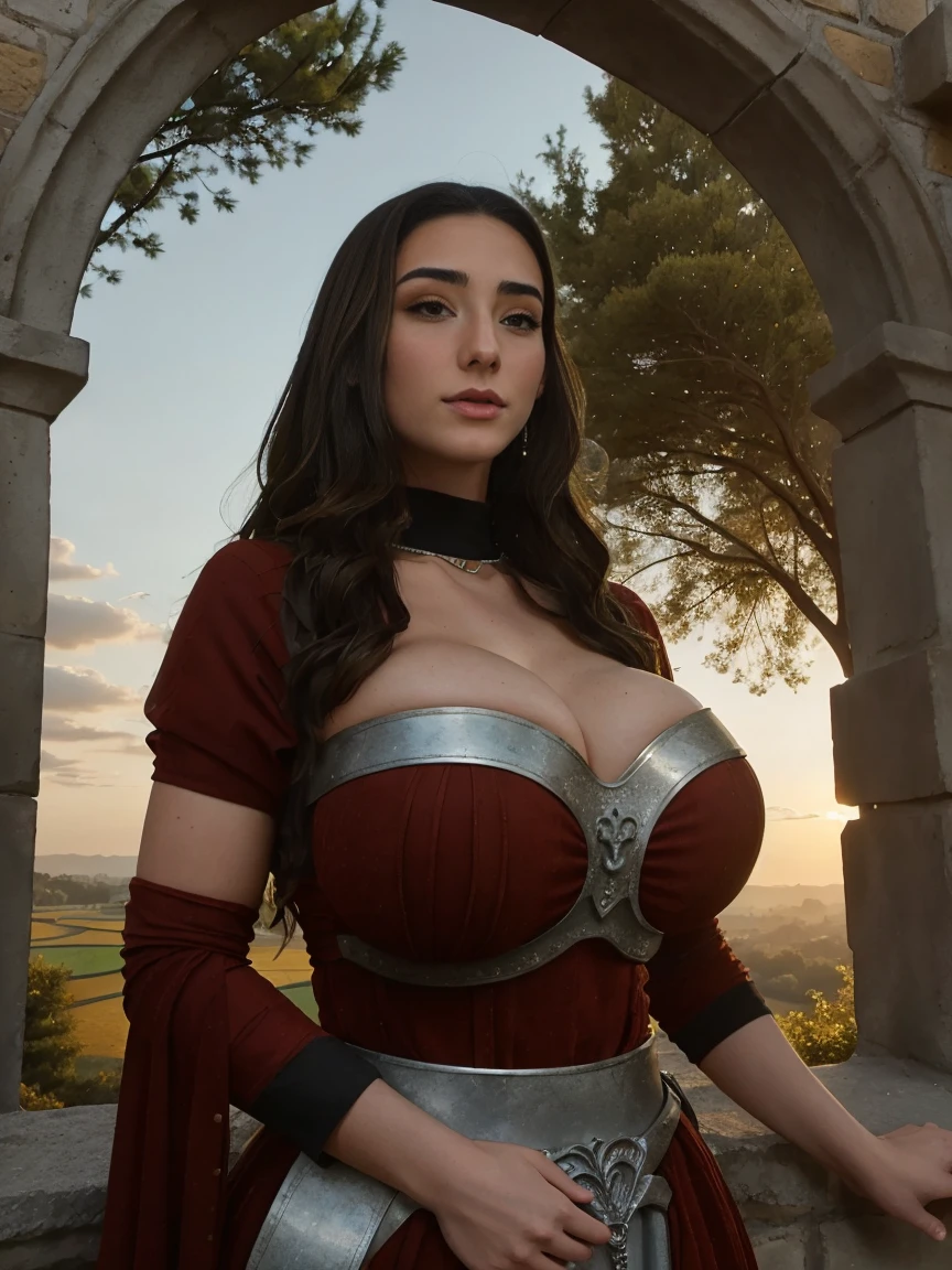 Gorgeous and sultry busty athletic (thin) brunette queen with sharp facial features wearing a modest updo, dark red medieval dress, long sleeves, intricate patterns, scrollwork, wide neck, crown, veil, long dress, modest dress, tight bodice, silver belt, (waist chain), medieval jewelry, Middle Ages, castle, rampart, wall, exterior, on top of a castle wall, trees, countryside, evening, sunset. large breasts.