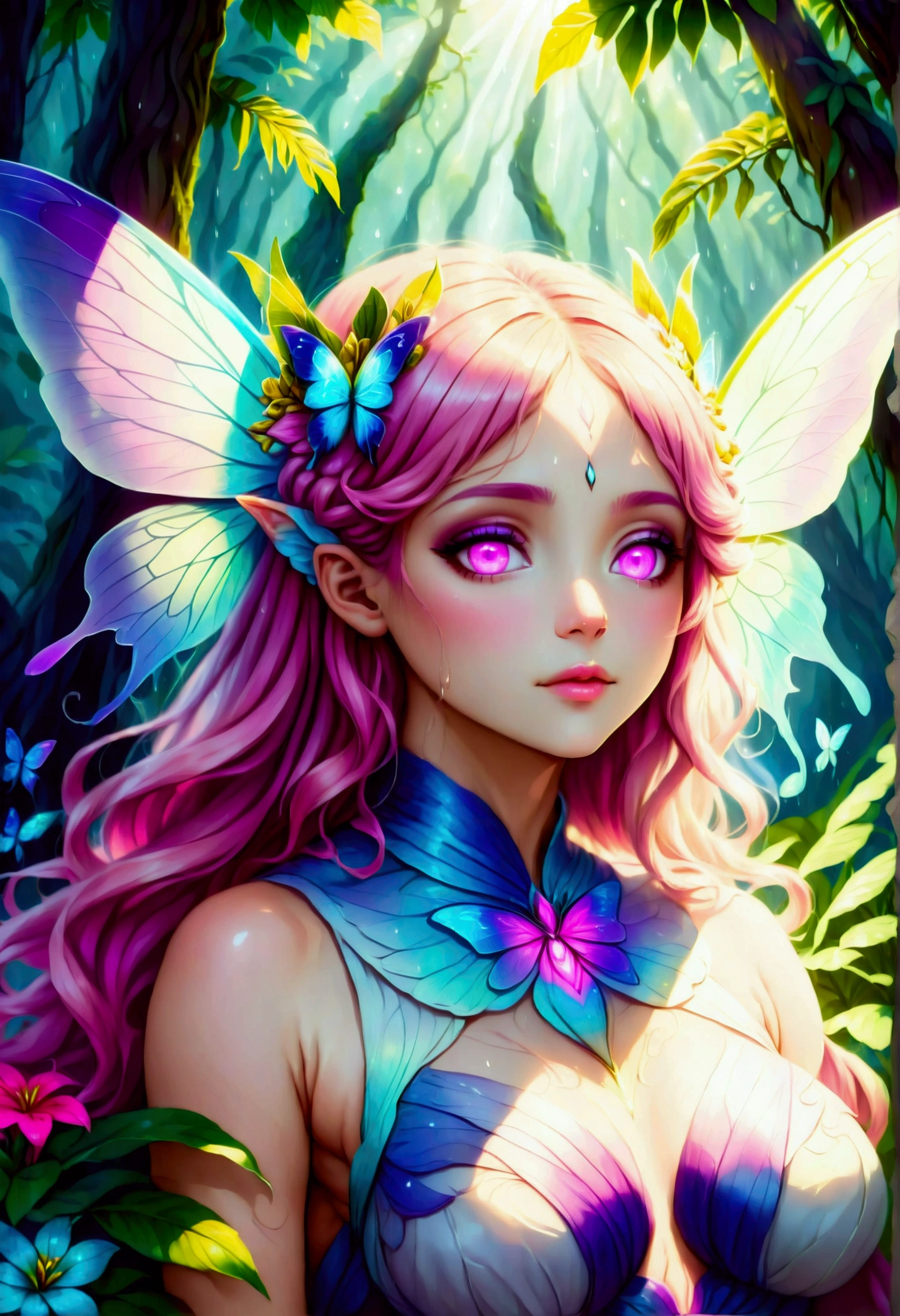 a picture of a jungle fairy, an extraordinary beautiful, elegant beauty, divine beautiful fairy, ((anatomically correct: 1.5)) spread butterfly wings, blue and purple wings, pink eyes, glowing eyes, (ultra detailed face: 1.2), best detailed face,  blond hair, rich hair, wavy hair, glamour dress, wild dress, dress decorated with jungle flowers,  sitting on massive heliconia tree the rain forest, sun rays coming through the trees, Hyperrealism style, vibrant, Ultra-high resolution, High Contrast, (masterpiece:1.5), highest quality, Best aesthetics), best details, best quality, highres, ultra wide angle, 16k, [ultra detailed], masterpiece, best quality, (extremely detailed) RAW, chumbasket art style, FairyTaleAI, fairy wings, 
