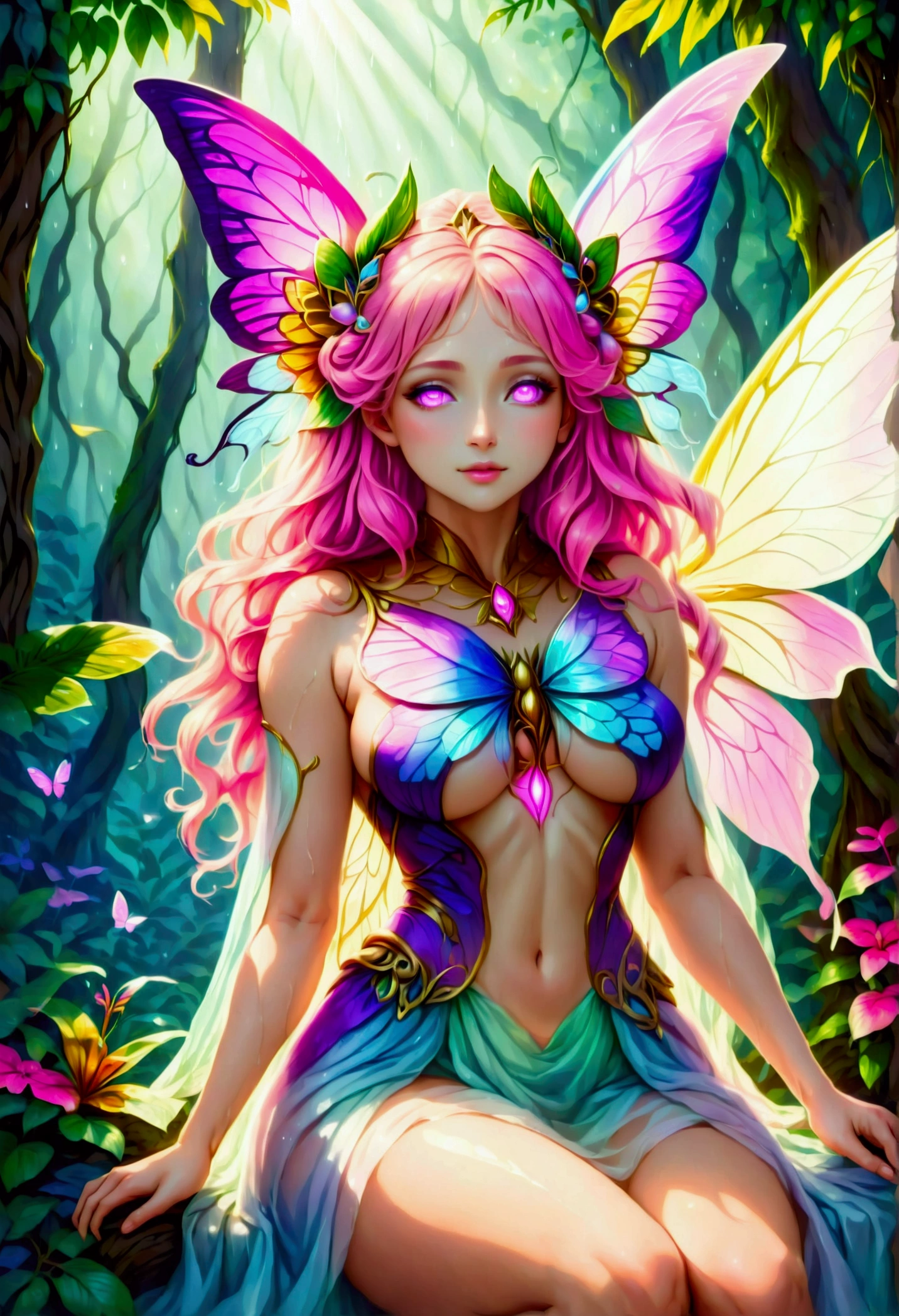 a picture of a jungle fairy, an extraordinary beautiful, elegant beauty, divine beautiful fairy, ((anatomically correct: 1.5)) spread butterfly wings, blue and purple wings, pink eyes, glowing eyes, (ultra detailed face: 1.2), best detailed face,  blond hair, rich hair, wavy hair, glamour dress, wild dress, dress decorated with jungle flowers,  sitting on massive heliconia tree the rain forest, sun rays coming through the trees, Hyperrealism style, vibrant, Ultra-high resolution, High Contrast, (masterpiece:1.5), highest quality, Best aesthetics), best details, best quality, highres, ultra wide angle, 16k, [ultra detailed], masterpiece, best quality, (extremely detailed) RAW, chumbasket art style, FairyTaleAI, fairy wings, 