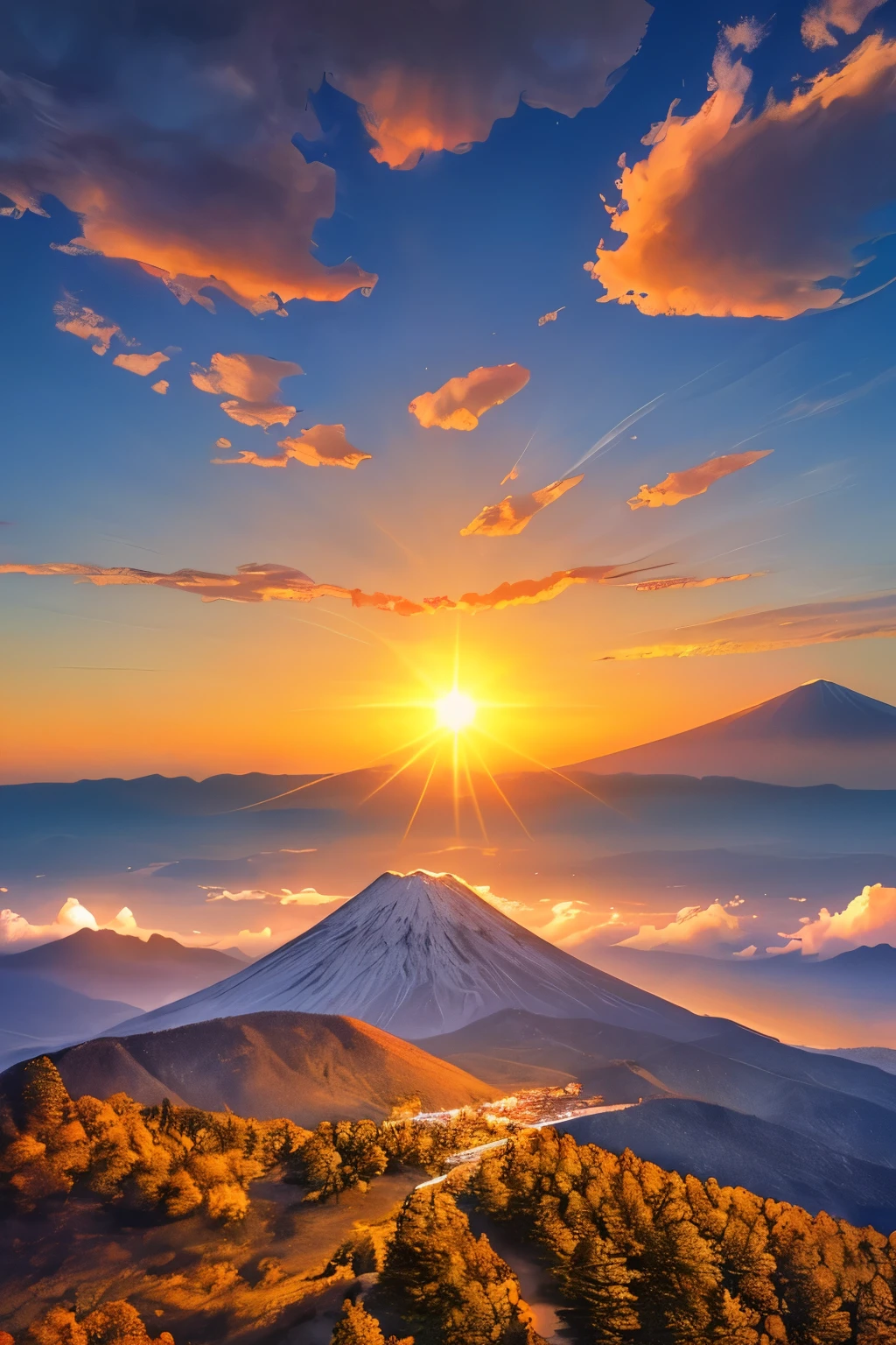 sun，Fuji Mountain，masterpiece，hope，Positive，beautiful，High resolution, High resolution, 8k, masterpiece2:1,　