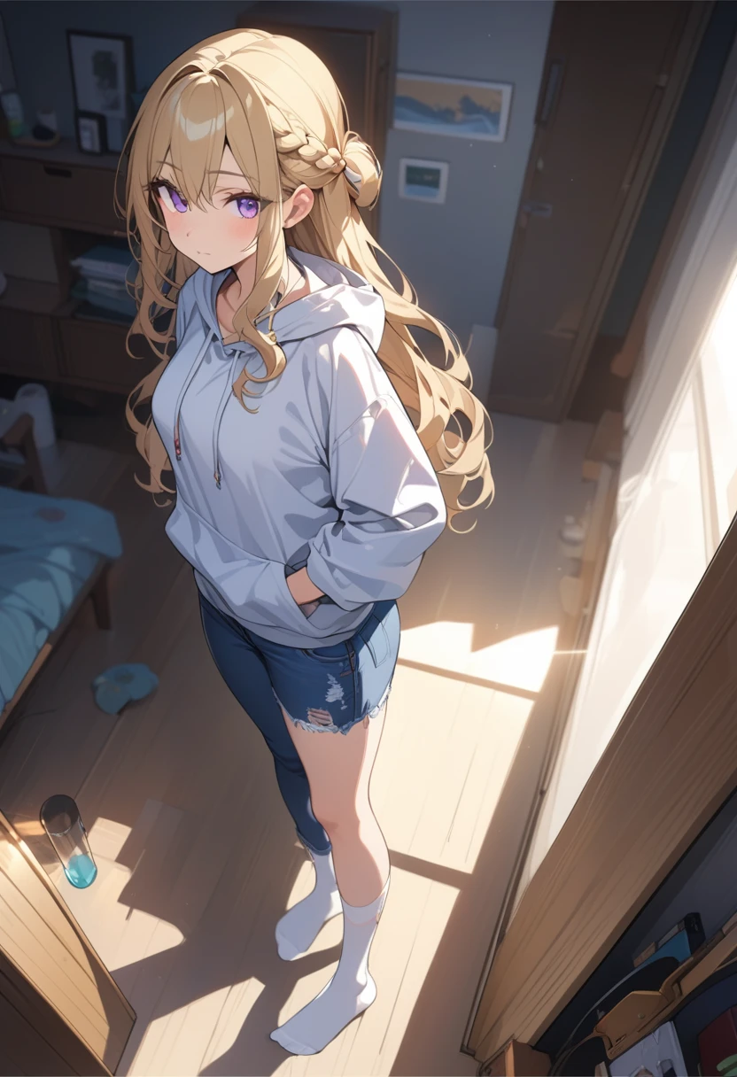 masterpiece, best quality, extremely detailed, ultra detailed, flat anime, 2D, 1girl, (young adult:1.2),blonde hair, (semi-long hair:1.2), curly hair, french braid, medium breasts, purple eyes, tsurime, height 1.7meters, white hooded sweatshirt, jeans,bracelet, long sleeves,socks,  full body,  portrait, Top Light, spotlight
, , very interesting, summer, livingroom, standing