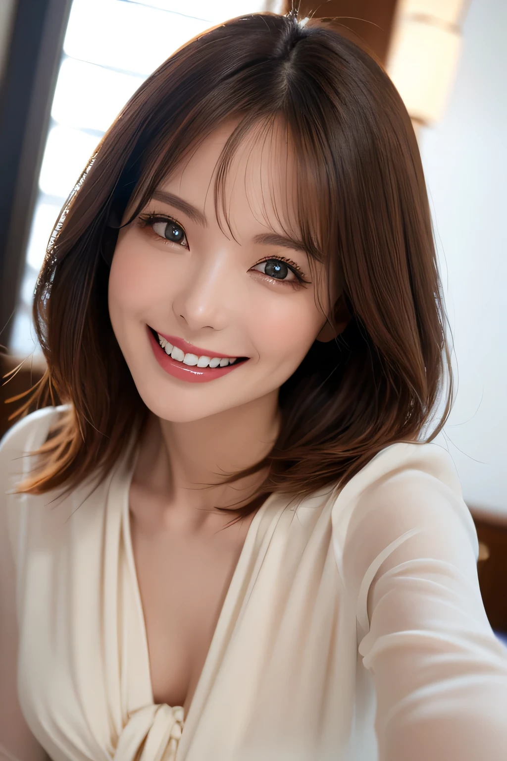 ((masterpiece)), ((Highest quality)), ((Complex)), ((Surreal)), (Realistic), (Mature Woman), ((No classes)), Very detailed, (1 female), Beautiful and exquisite, (Beautiful Teeth), Grin, Brunette bob hair, Brown eyes, ((blouse)), (Upper Body), (background:none), Perfect Eyes, Captivating eyes, Looking at the audience