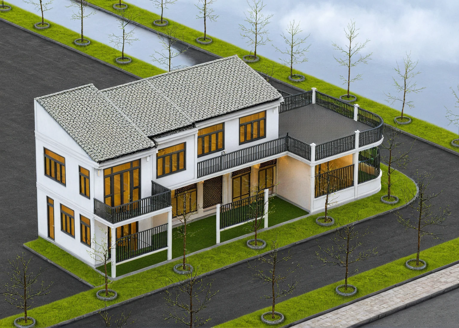 Raw photo,Masterpiece, high quality, best quality, authentic, super detail,
exterior, outdoors, house style indochine on the street ,aiaigroup
road,pavement, grass, trees, sky, cloud, (day:1.1)